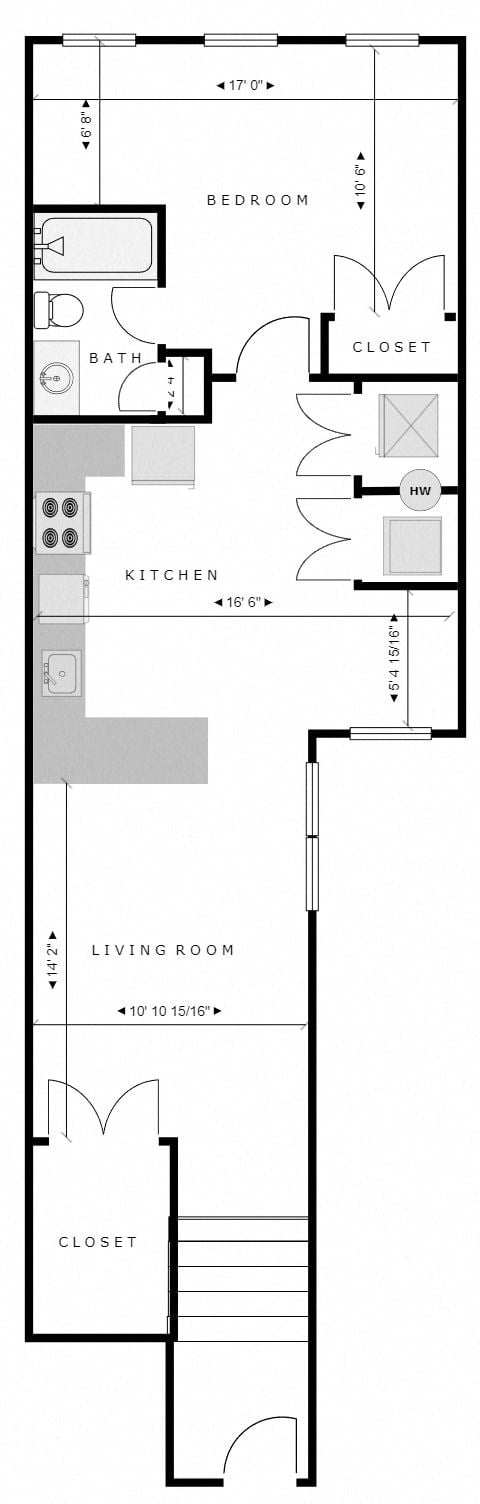 Floor plan for 1 bed, 1 bath, 731 sqft